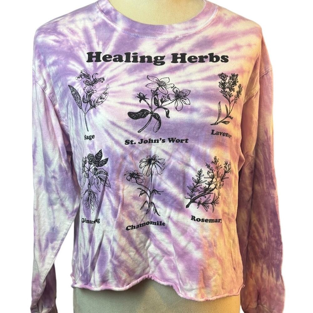 Healing Herbs Purple Tie Dye Long Sleeve Crop 100% Cotton Womens Large